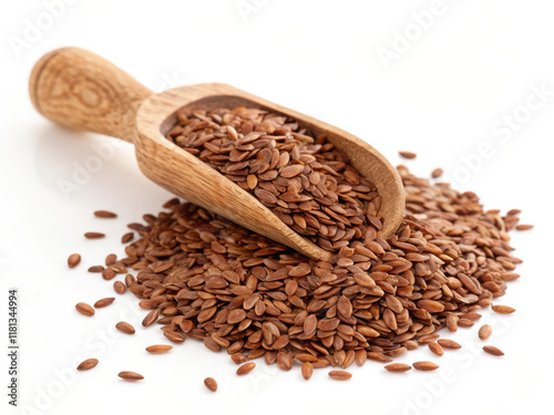 High resolution image of raw brown flaxseed in wooden scoop photo