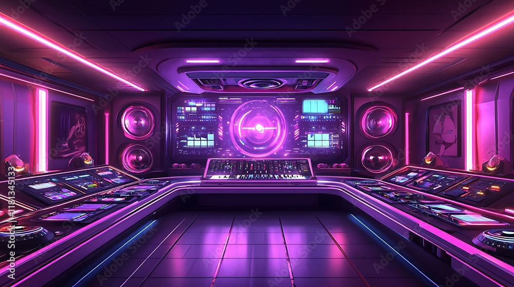 Futuristic Music Studio with Neon Lighting and Advanced DJ Equipment. Futuristic Music Studio with Neon Lighting and Advanced DJ Equipment.