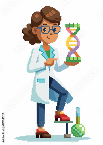 Pixelated Female scientist in white lab coat working with DNA sample.