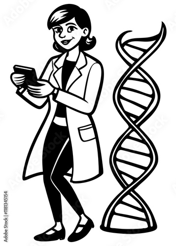 Line Art Of Female scientist in white lab coat working with DNA sample.