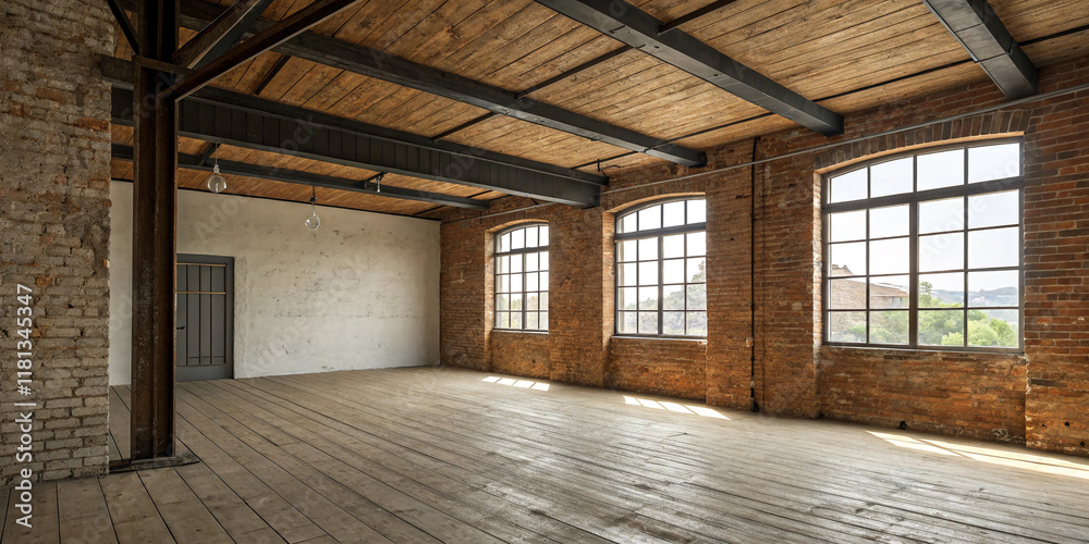 An Empty Loft Room with Wooden Floors and a Concrete Ceiling for a Modern Feel An Empty Loft Room with Wooden Floors and a Concrete Ceiling for a Modern Feel