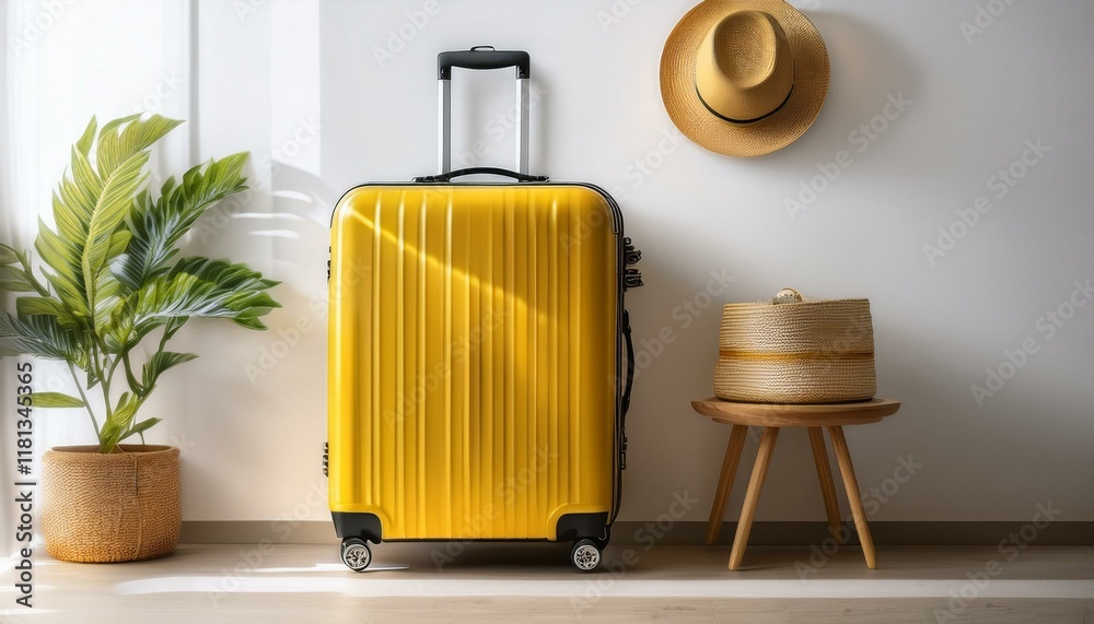 In a hotel room with a travel theme, a yellow suitcase hangs on a white wall, bag In a hotel room with a travel theme, a yellow suitcase hangs on a white wall, bag