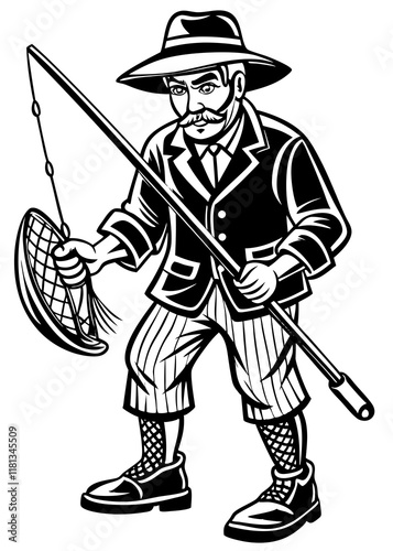 Line Art Of Male fisherman staning with fishing rod to catch fish, Isolated Fisherman  photo