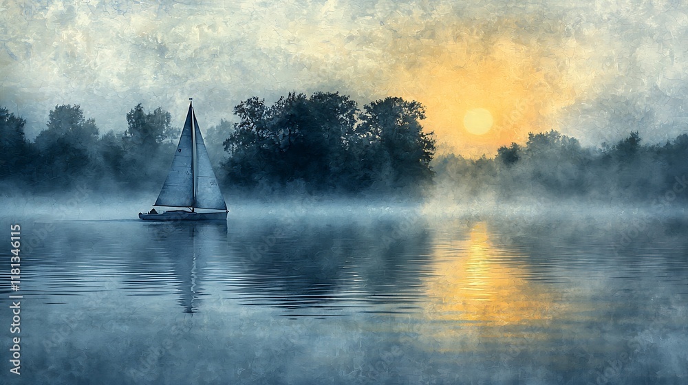 Fototapeta premium Serene Sunrise A sailboat glides through misty waters at dawn, reflecting the golden light.