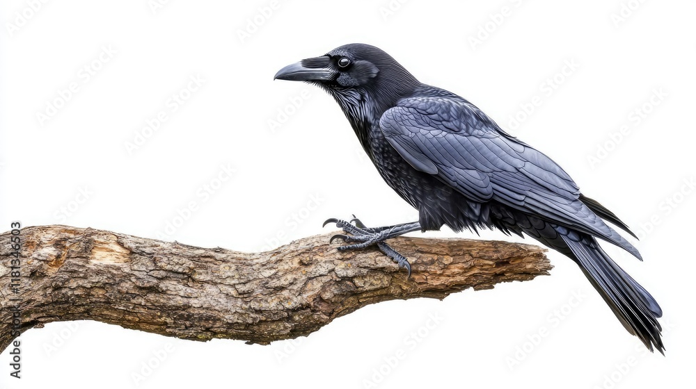 Obraz premium A raven perched on a branch against a white background.