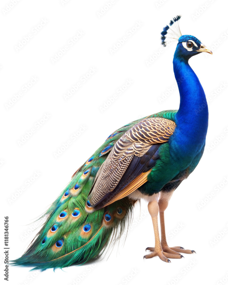 Fototapeta premium Colorful peacock displaying vibrant feathers in a natural setting highlighting its elegance and beauty