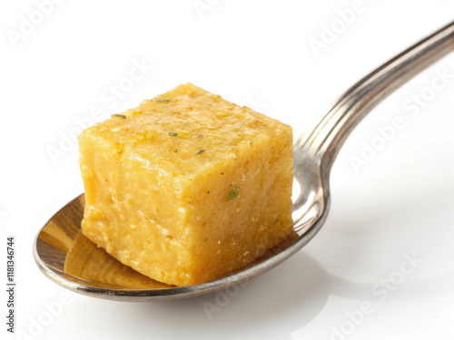 golden cube of seasoning on spoon, perfect for enhancing flavors