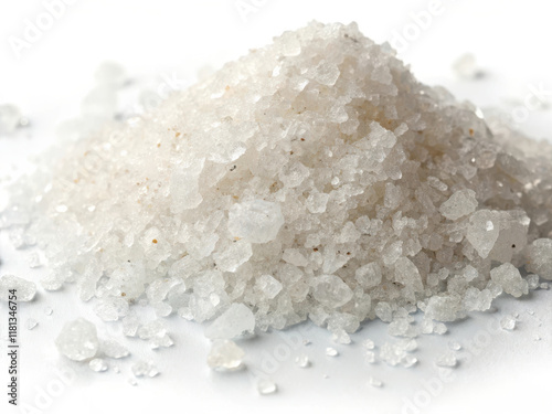 Coarse sea salt heap on white background, perfect for culinary use