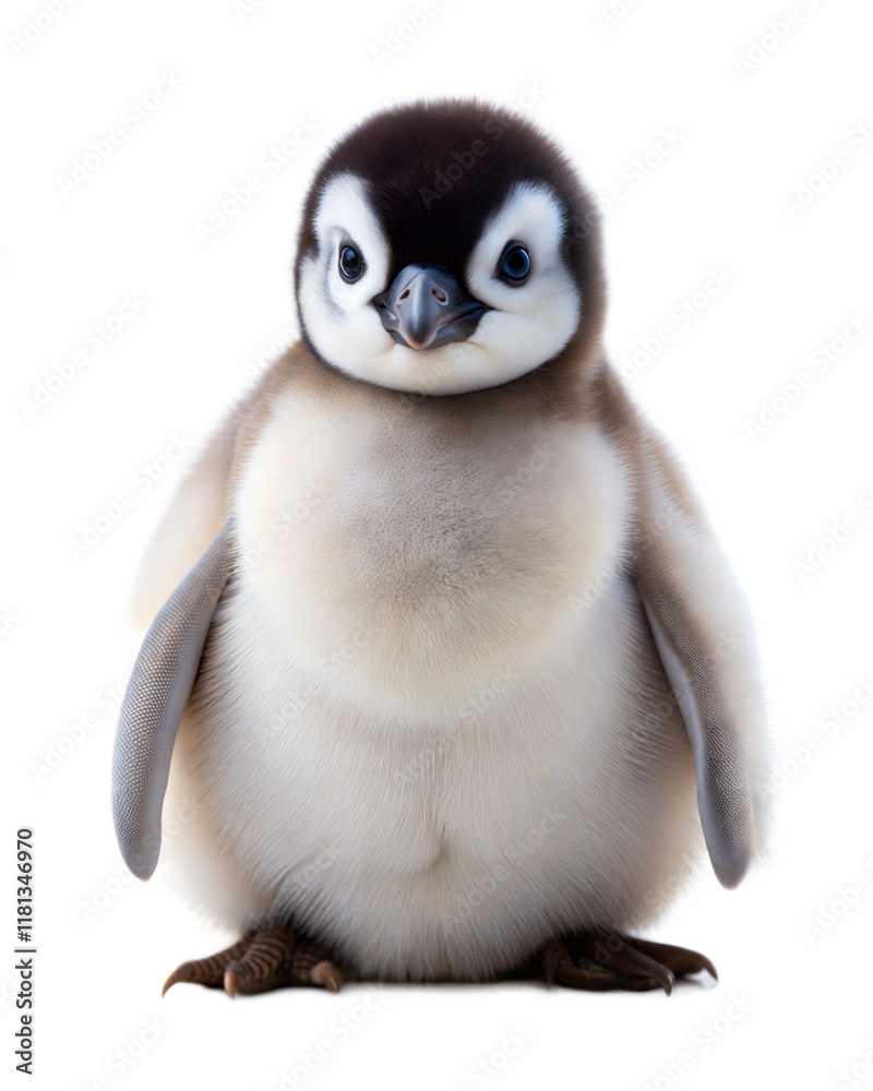 Obraz premium Cute young penguin standing proudly on a transparent background showcasing its fluffy feathers and adorable expression