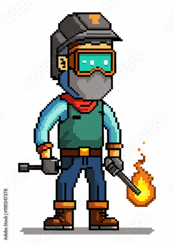 Pixelated Male welder working on metal project