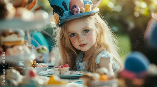 Elegant Girl at a Whimsical Tea Party with Easter Theme