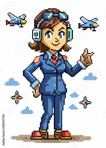 Pixelated Female flight attendant, surrounded by airplane icons