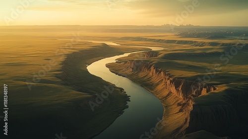 Aerial view of the great plains of America. The image is a cinematic film still.