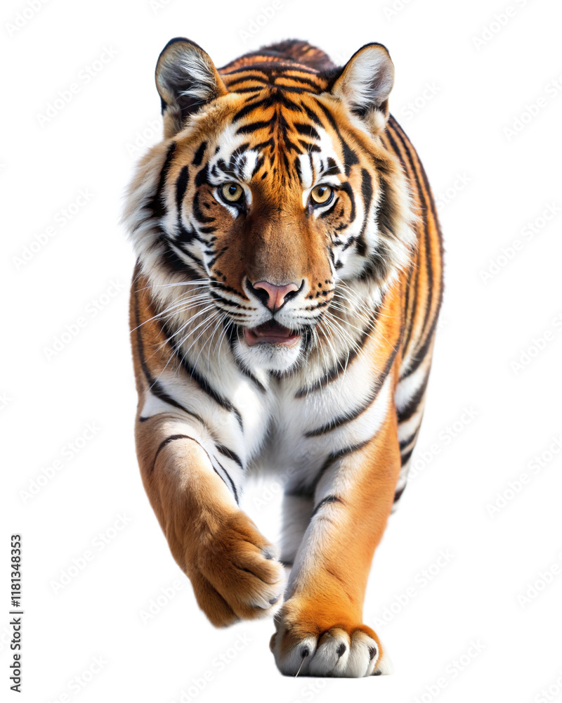 Obraz premium Majestic tiger gazing directly with intense eyes on a transparent background