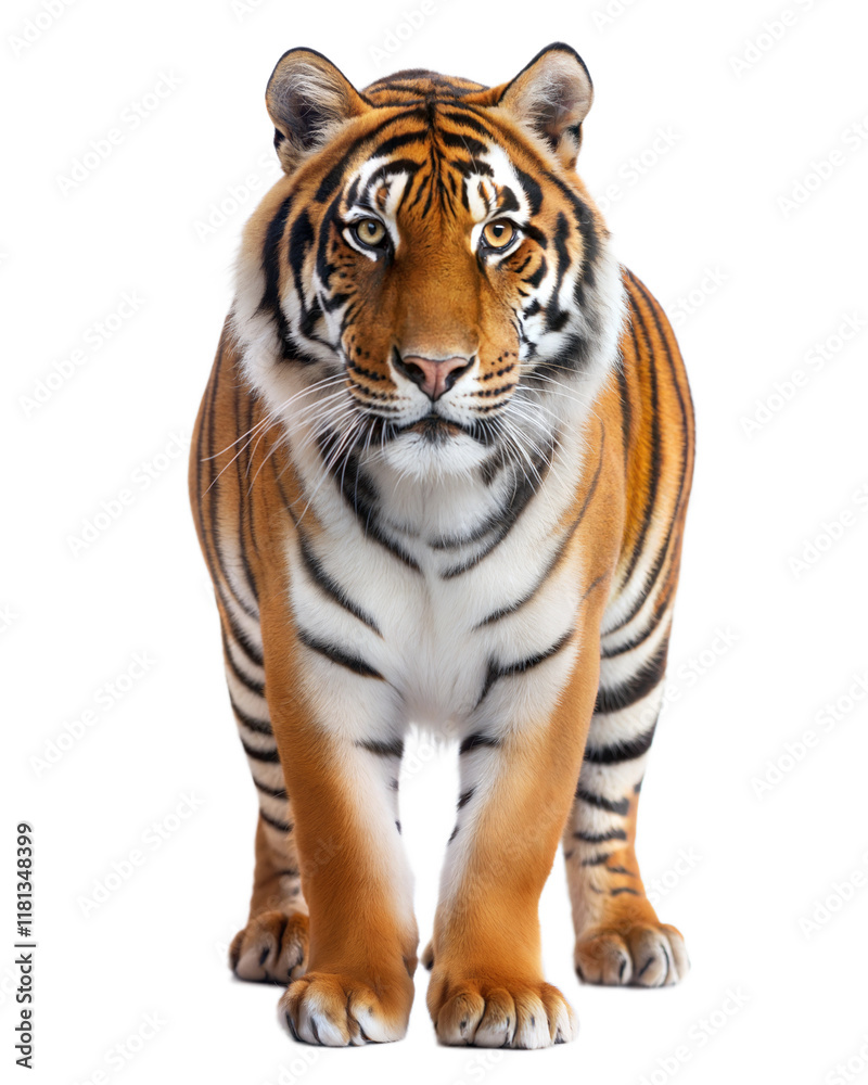 Fototapeta premium Majestic tiger gazing directly with intense eyes on a transparent background