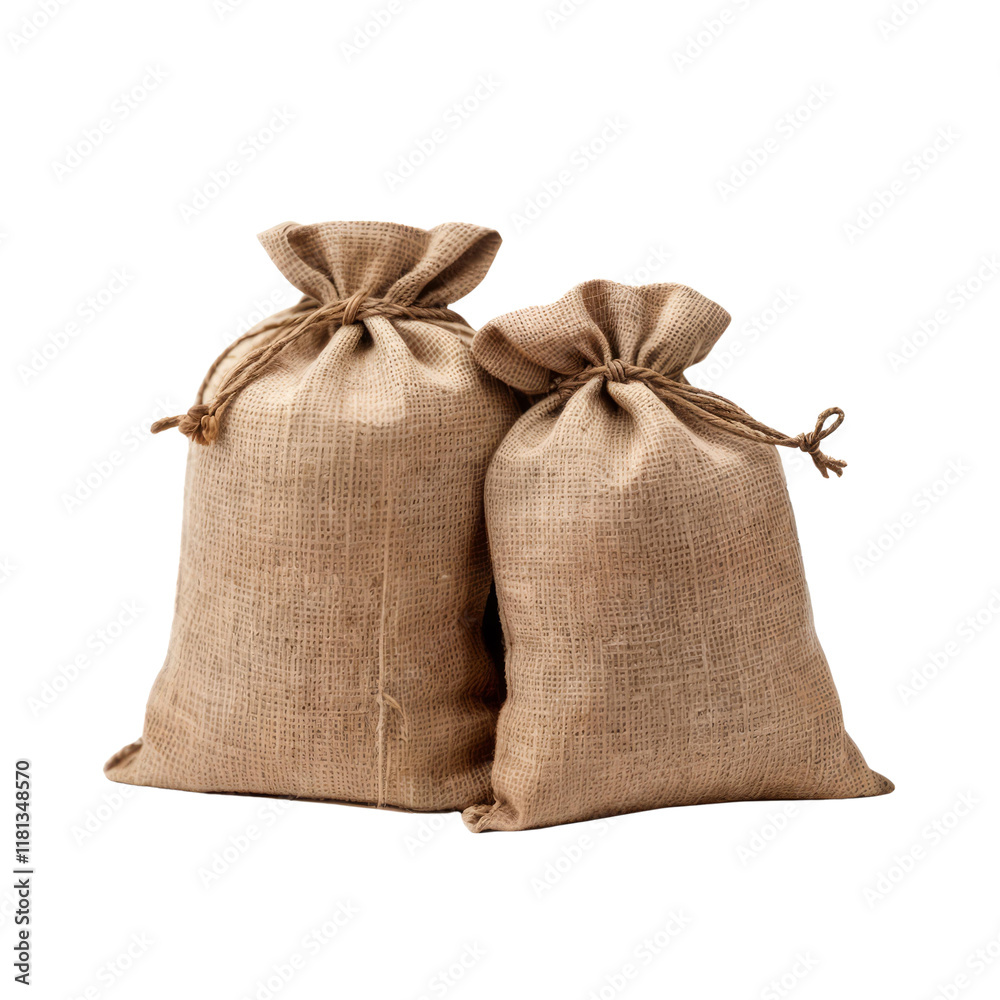 Rustic Burlap Bags: Two burlap sacks, one larger than the other, lie side by side, their natural texture and earthy tones exuding a sense of rustic charm. Rustic Burlap Bags: Two burlap sacks, one larger than the other, lie side by side, their natural texture and earthy tones exuding a sense of rustic charm.