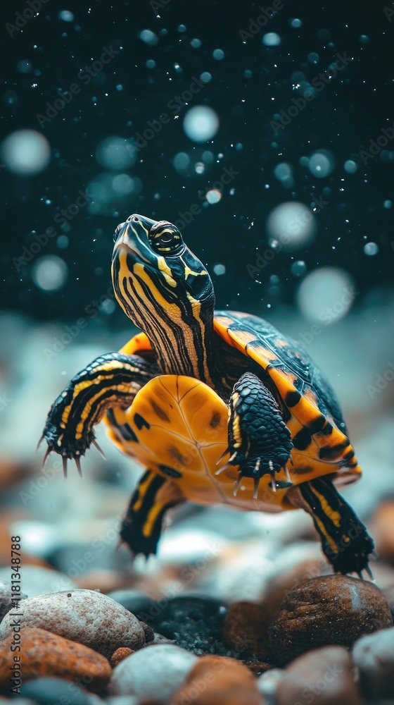 Obraz premium A vibrant turtle swimming among pebbles in a serene underwater setting.