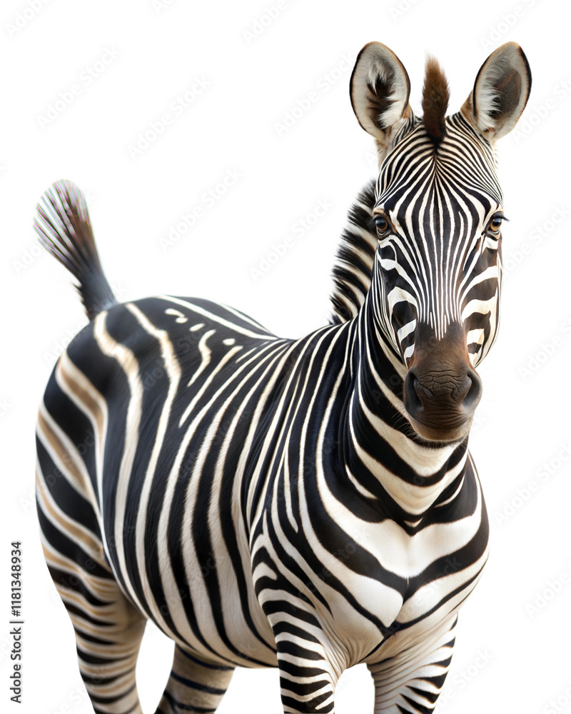 Fototapeta premium Zebra standing in a natural pose with striking black and white stripes against a transparent background