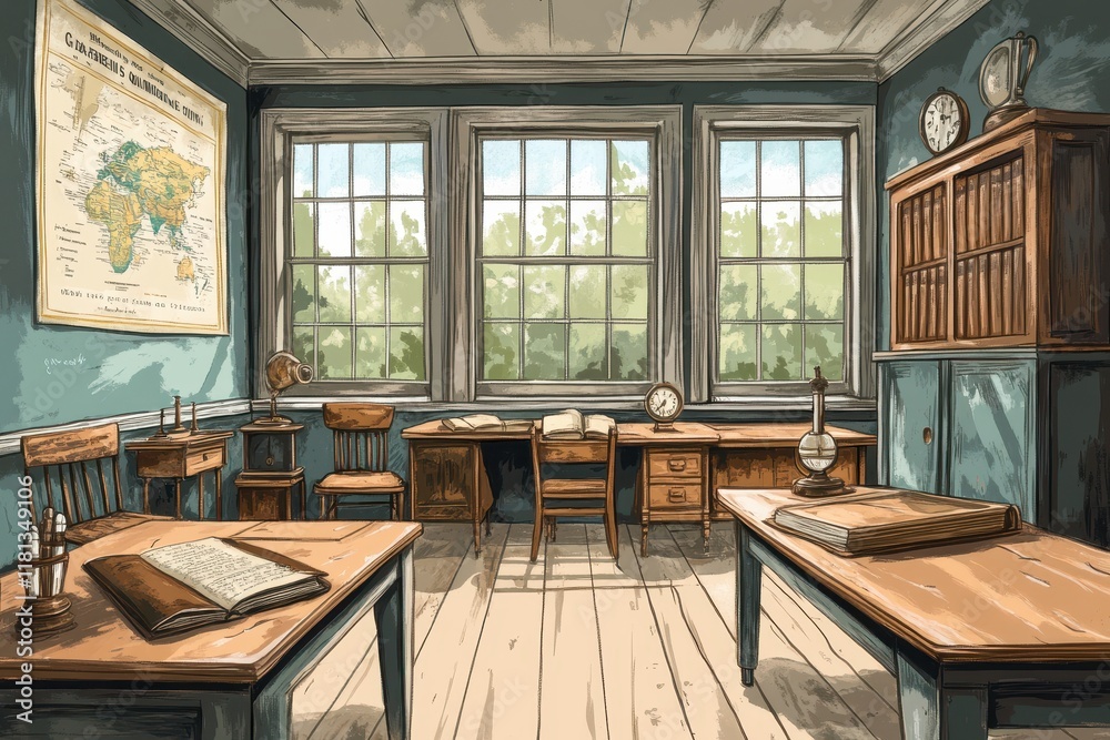 Fototapeta premium Vintage Classroom Interior With Antique Desks And Maps