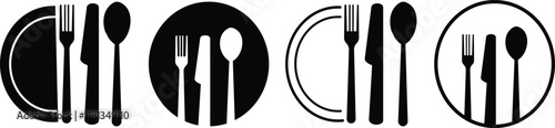 Fork, knife, spoon and plate set icons. Vector utensil illustration restaurant symbols. Cutlery and crockery sign