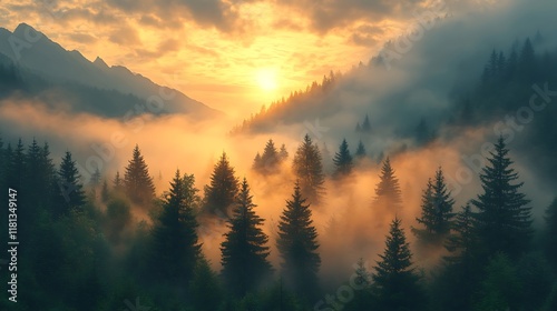 Scenic mountain landscape with fog rolling over pine trees and soft golden light breaking through the clouds
