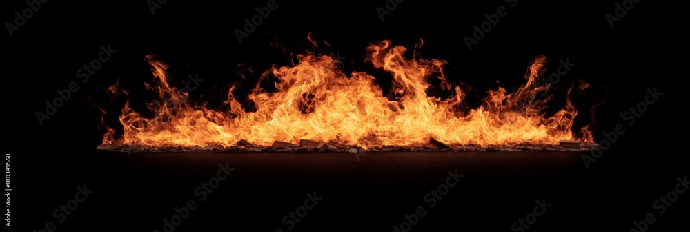 Large orange flames rising from burning wood on black background. Creating a dramatic and powerful image of heat and destruction. Suitable for concepts related to fire safety. Emergency. And disaster Large orange flames rising from burning wood on black background. Creating a dramatic and powerful image of heat and destruction. Suitable for concepts related to fire safety. Emergency. And disaster