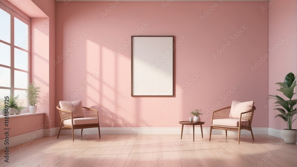 Fototapeta premium minimalist living room idea, bridgerton pink color wall background with armchair, and blank poster