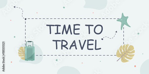 Advertising banner with the phrase: “Time to Travel” in a dotted frame.   A suitcase, a starfish and a monstera are drawn on a blue background.
Vector background eps 10.