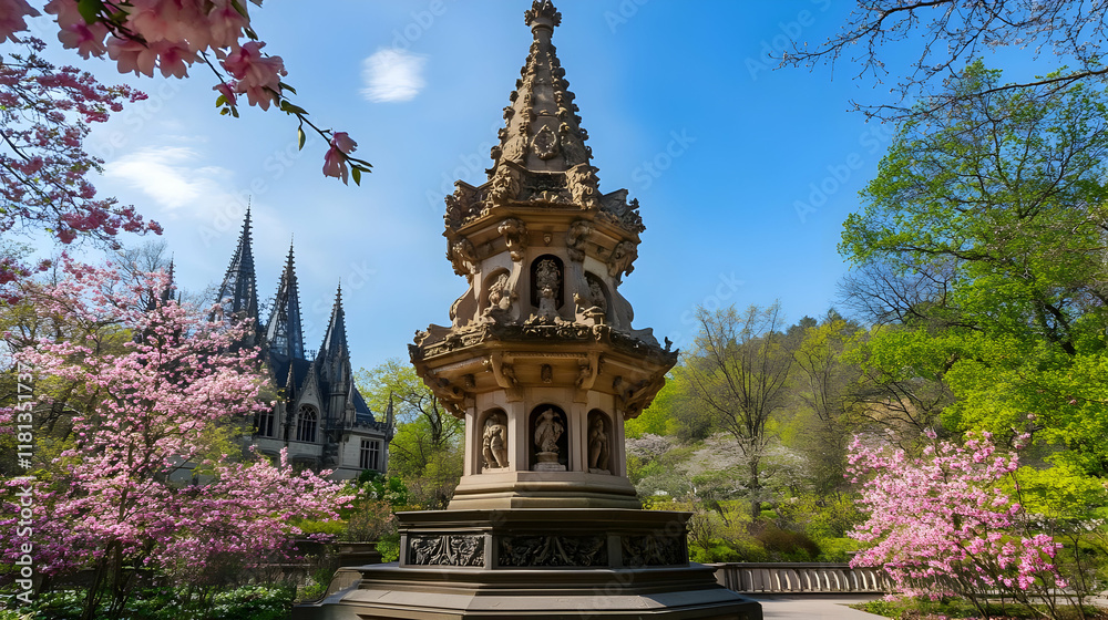 A decorative tower surrounded by blooming cherry trees and lush greenery in a serene setting. A decorative tower surrounded by blooming cherry trees and lush greenery in a serene setting.