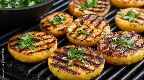 Grilled polenta hearts garnished with Parmesan and fresh herbs on a grill during a sunny outdoor gathering. food background for menu, book, website
