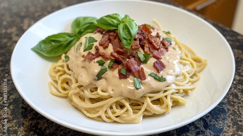 A delicious plate of creamy pasta topped with crispy bacon and fresh basil, served on a white plate against a dark countertop. A delicious plate of creamy pasta topped with crispy bacon and fresh basil, served on a white plate against a dark countertop.