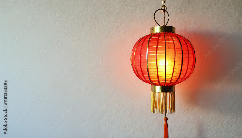 Fototapeta premium A vibrant image of a round Chinese lantern with a detailed tassel, glowing softly, set against a plain white background.