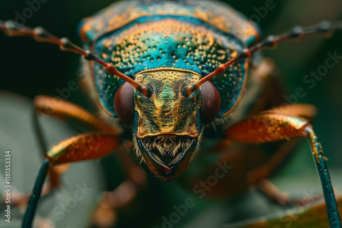 Extreme close up of a frog legged leaf beetle displaying its vibrant metallic colors photo