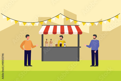 Street food festival. Market concept. Colored flat vector illustration isolated.