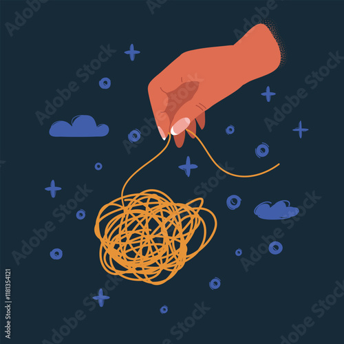 Cartoon vector illustration of hand unravels a tangled thread on dark background.