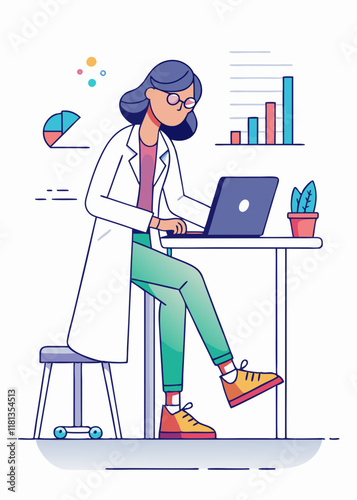 Mnimalist Female scientist in lab coat analyzing data on laptop, conducting research.