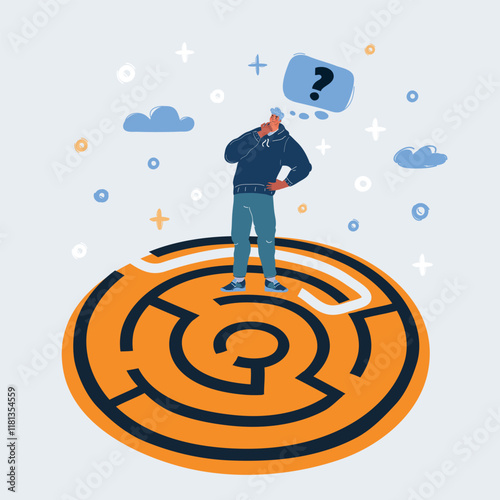 Cartoon vector illustration of man in circle radial maze