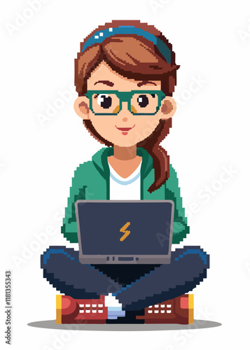Mujer pixelada trabajando en una computadora portátil, trabajo remoto, trabajo desde casa