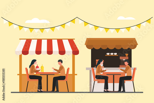 Street food festival. Market concept. Colored flat vector illustration isolated.