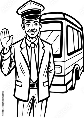Line Art Of Male bus conductor waving hand to customers, bus driver greeting passengers, vector illustration of public transport worker in uniform.

