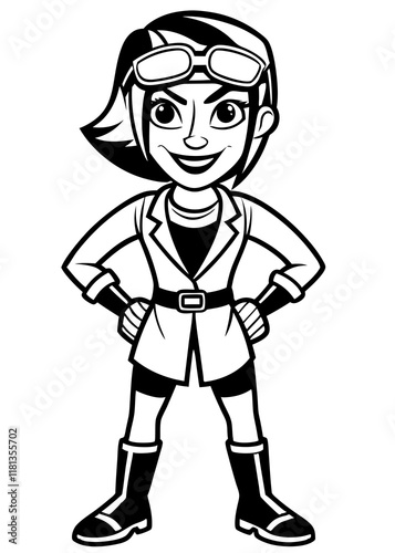 Line art of Young female scientist or adventurer in goggles posing 