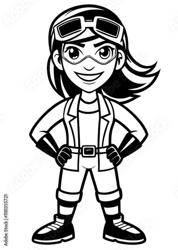 Line art of Young female scientist or adventurer in goggles posing 