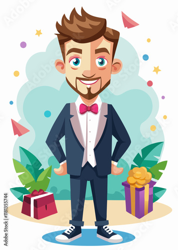 Confident male groom in formal suit posing for wedding photos, groom in tuxedo standing