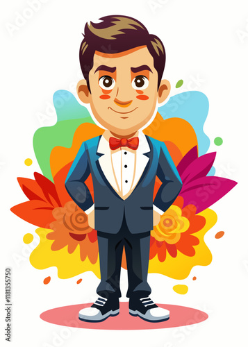 Confident male groom in formal suit posing for wedding photos, groom in tuxedo standing