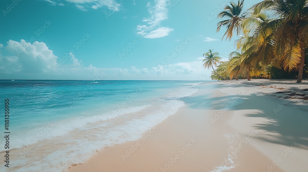 Serene tropical beach with turquoise water gently lapping at white sandy shores dotted with palm trees under a clear blue sky creating a dream vacation aesthetic