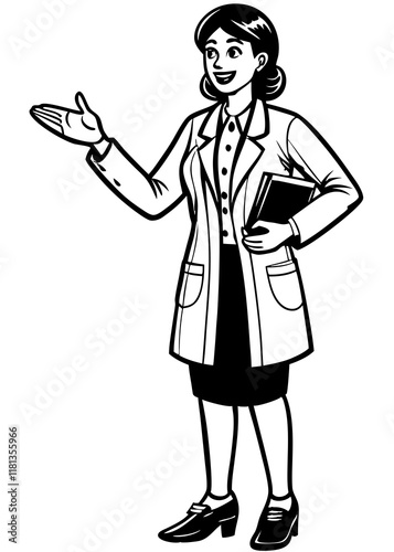 Line Art Of Female doctor in coat giving direction to patient, professional healthcare worker helping