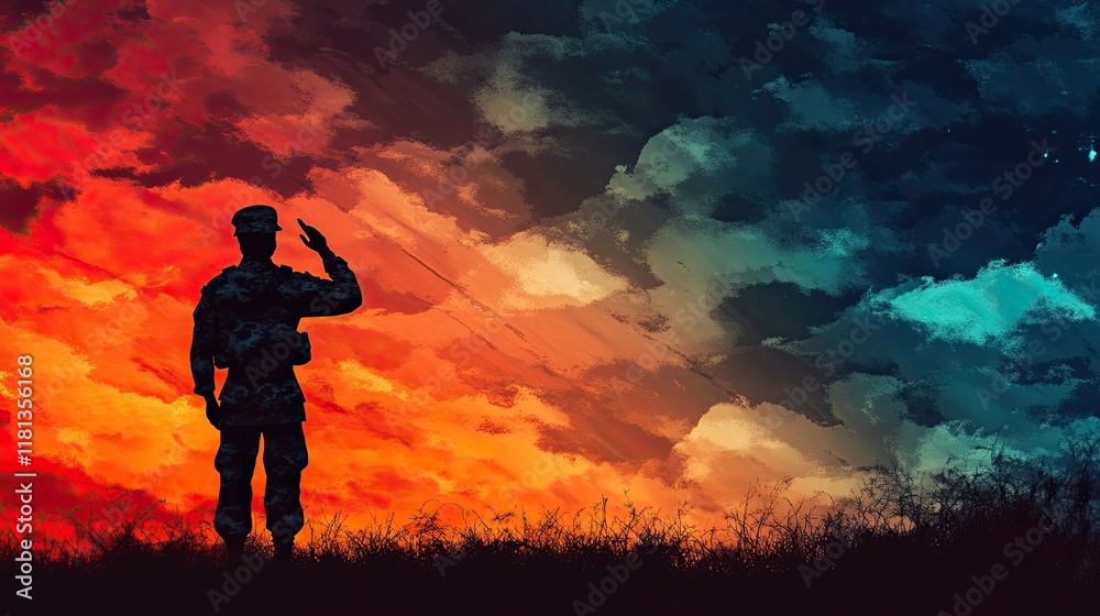 Obraz premium Silhouette of soldier saluting on a background of India flag with sunset or sunrise, greeting card for Independence Day, Republic Day