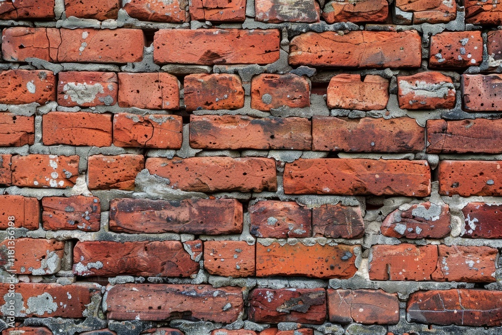 Obraz premium Close up of weathered red brick wall with crumbling mortar, creating rustic, textured background