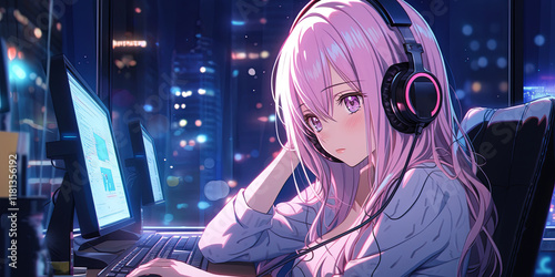 Anime-style young woman with pink hair and headphones, sitting at a desk with dual monitors, illuminated by neon city lights in a cozy night setting