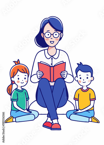 Madre o maestra minimalista leyendo un libro a los niños
